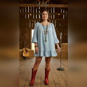 Terra & Sky Light Blue Ruffle-Hem Peasant Tunic/Mini Dress 2X Boho Casual
